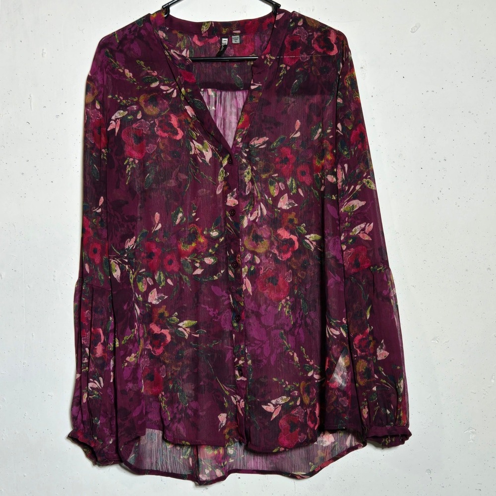 KUT from the Kloth Dark Floral Chiffon Button Top XL Boho Sheer Whimsigoth